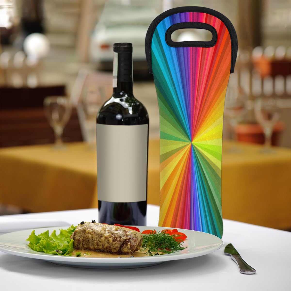 Bolsa de vino colorido arco iris teñido anudado 5.1 x 15.6 pulgadas neopreno bolsa de vino reutilizable 25.4 fl oz botella individual vino portador
