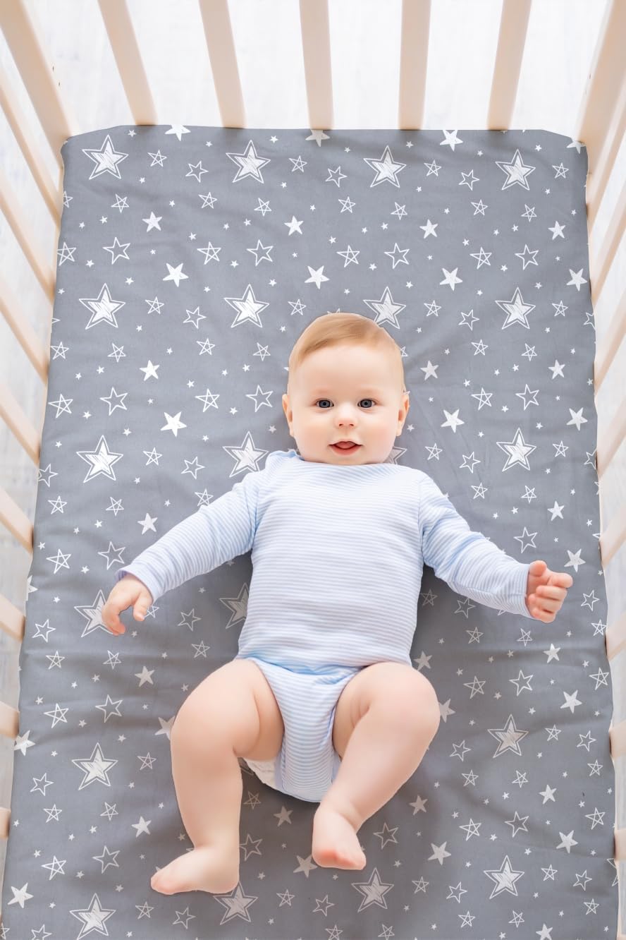 Juego de 4 sábanas bajeras unisex de estrellas y luna para bebés, niños o niñas (sábanas para cuna)