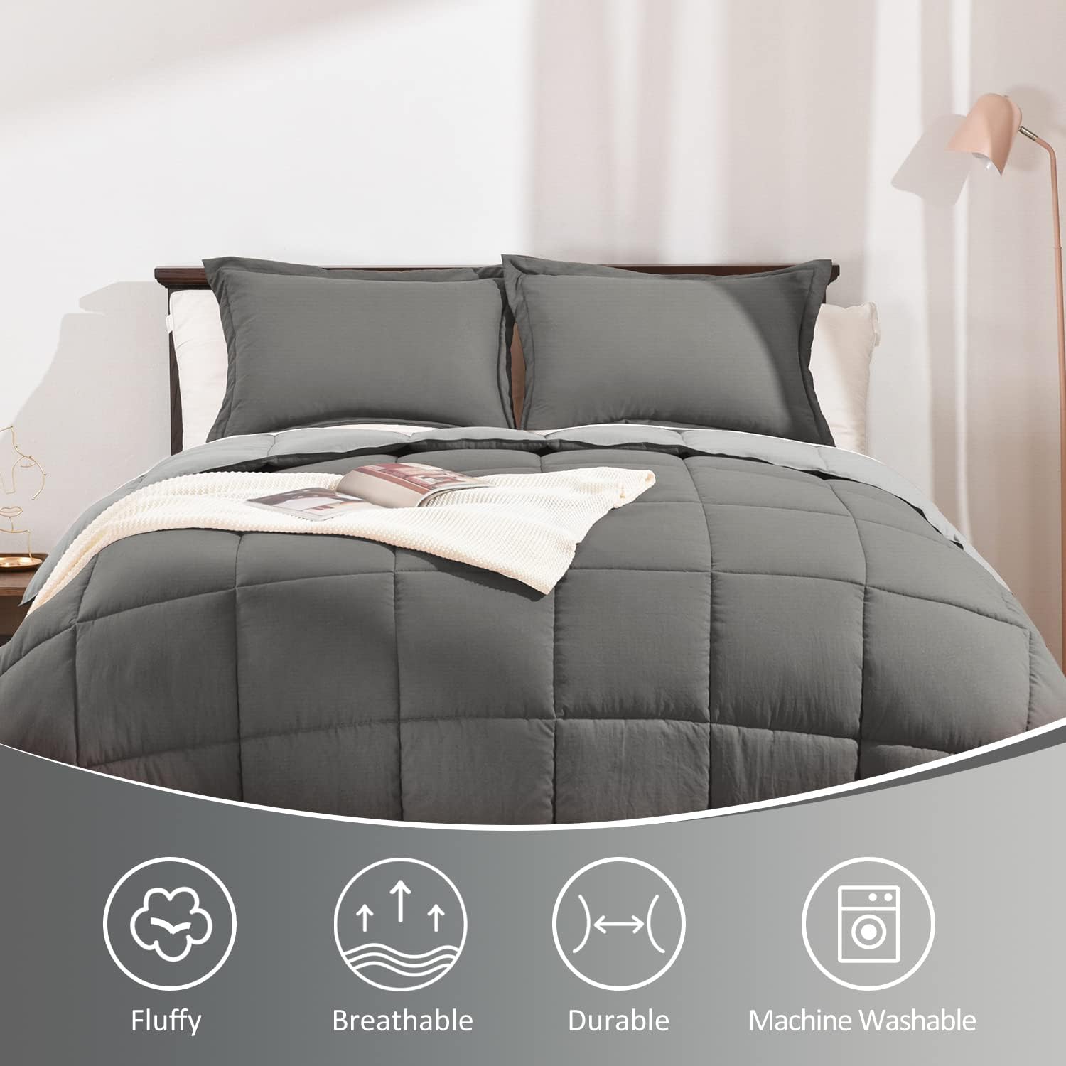 Basic Beyond Juego de edredón tamaño King  Juego de edredón esponjoso para cama King para todas las estaciones  Juego de edredón reversible gris