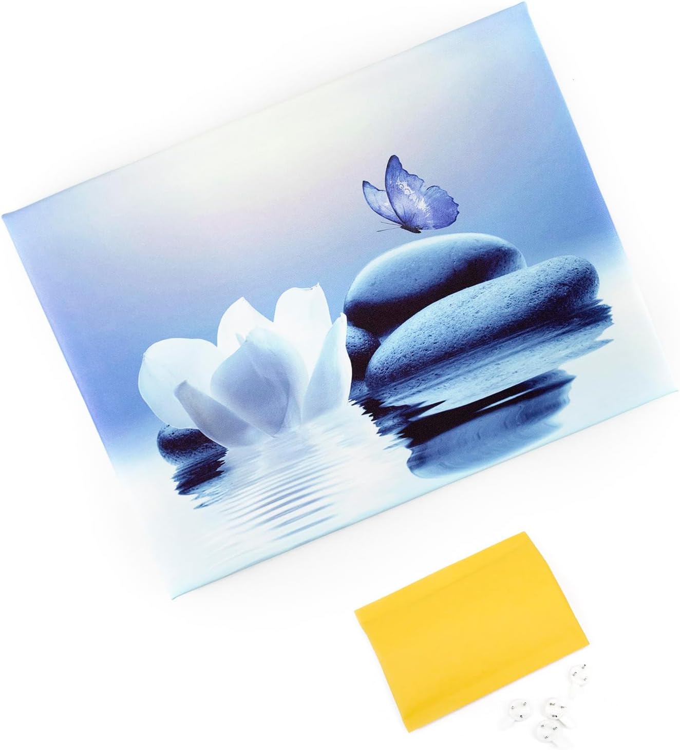 EOBTAIN Lienzo de flores blancas zen, arte de pared, diseño floral y mariposa azul sobre piedra, cuadro moderno enmarcado para yoga, spa, pintura