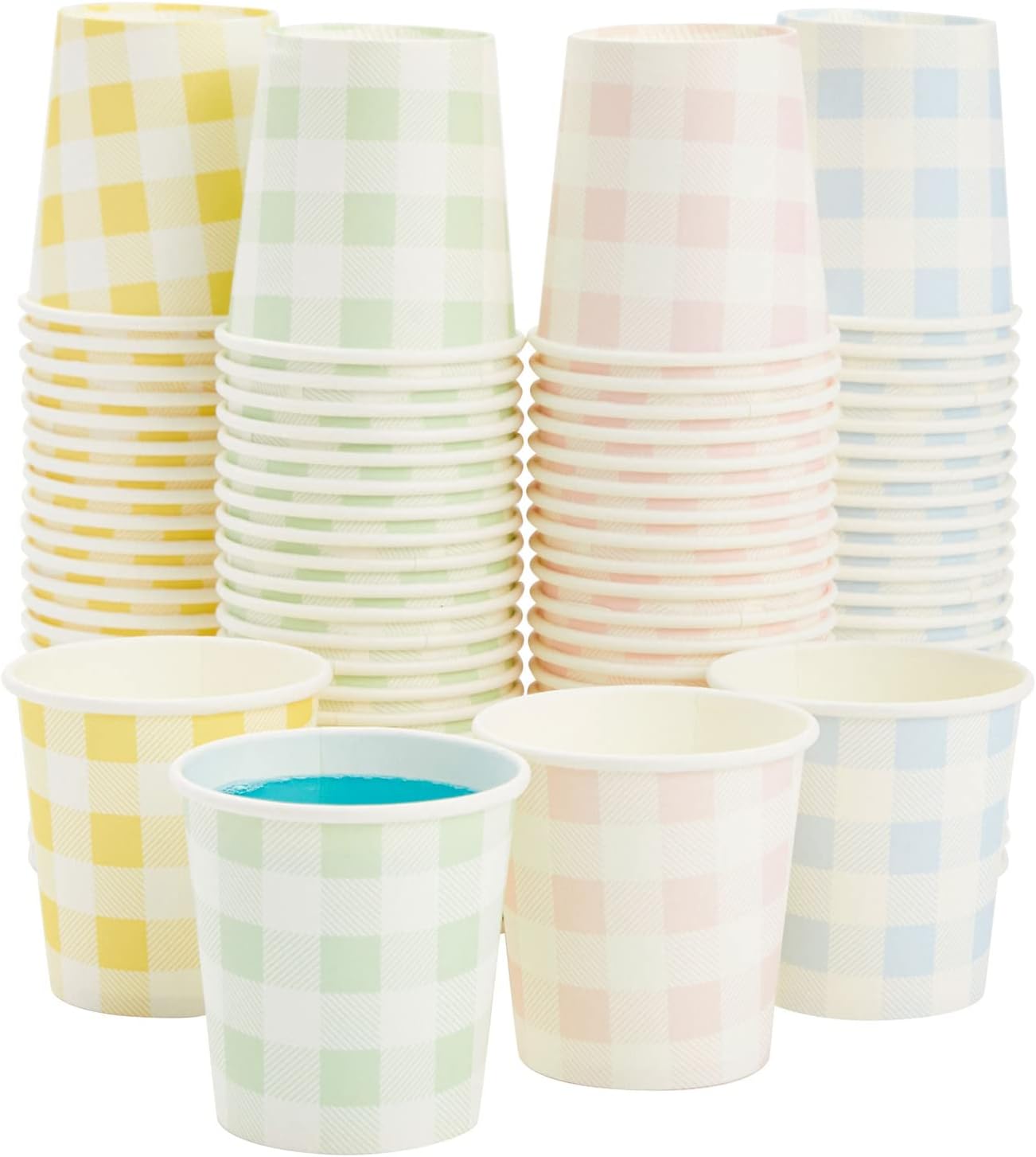 Sparkle and Bash Paquete de 100 mini vasos de papel desechables para expreso, enjuague bucal, café (4 onzas, 4 diseños de guingham)