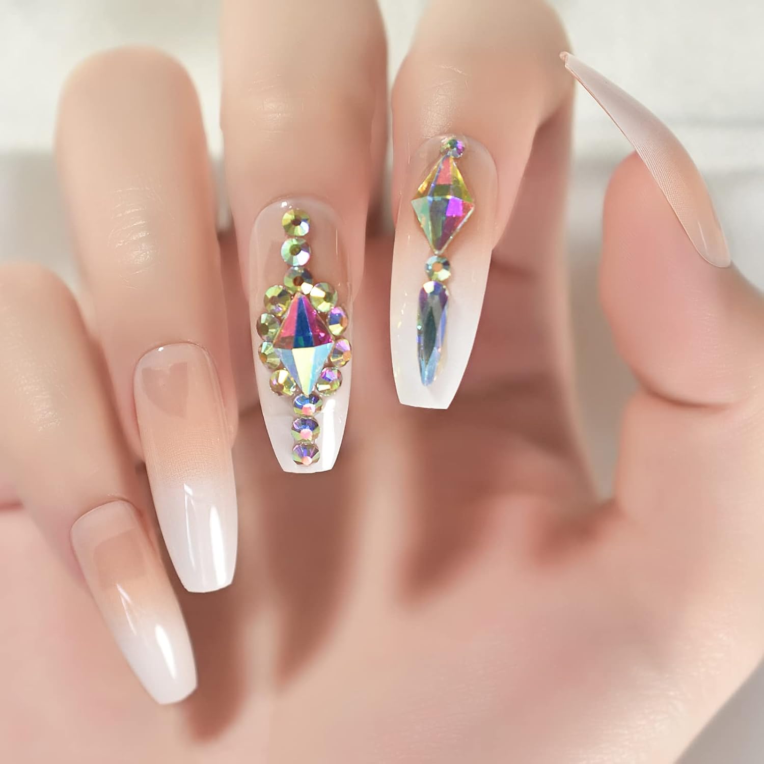 EchiQ – Uñas de lujo personalizadas con piedras grandes decoradas para uñas de lujo en forma de ataúd de color degradado, uñas naturales con