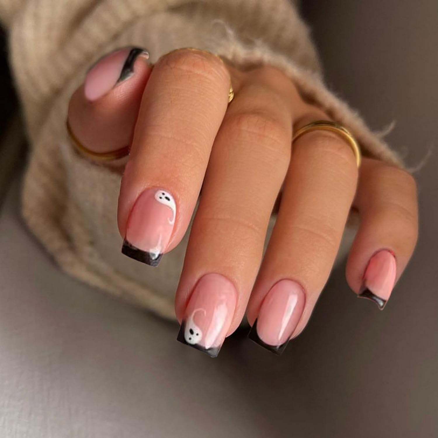 Uñas postizas a presión de Halloween, cuadradas, bonitas, espirituales, con diseños, punta francesa negra, uñas postizas brillantes, decoraciones de