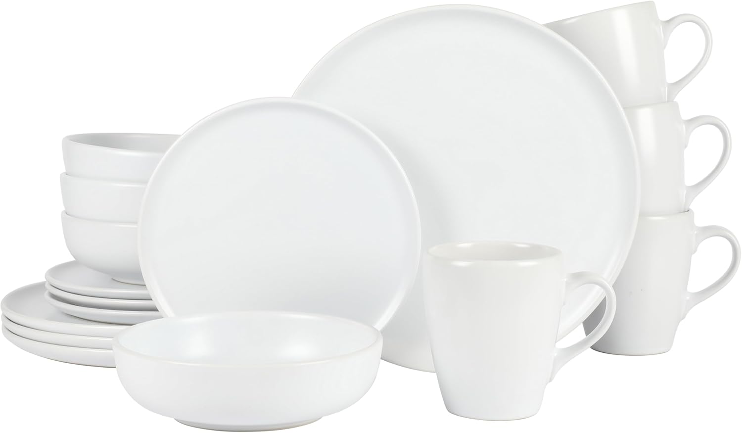 Gibson Home Serenade – Juego de platos y cuencos de cerámica mate, 16 piezas, fabricado en Tailandia, color blanco mate