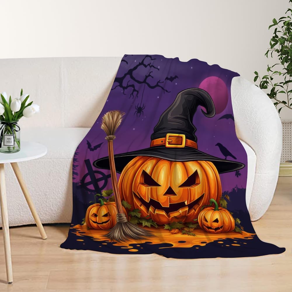 YeeJu Manta de Halloween tamaño individual, manta de bruja morada con calabaza para sofá, cama, sala de estar, al aire libre, acogedora, suave,