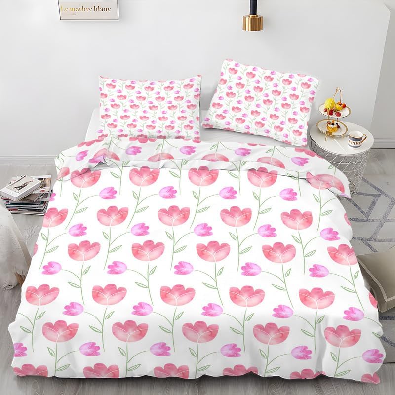 Juego de funda de edredón tamaño individual con estampado de flores, color blanco nieve, funda de edredón de microfibra suave y 2 fundas de almohada
