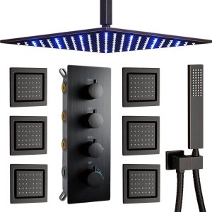 AYIVG Sistema de ducha de lluvia de bronce aceitado de 12 pulgadas con LED de montaje en el techo, con 6 chorros de ducha de cuerpo integrado, AYIVG Sistema de ducha de lluvia de bronce aceitado de 12 pulgadas con LED de montaje en el techo, con 6 chorros de ducha de cuerpo integrado,