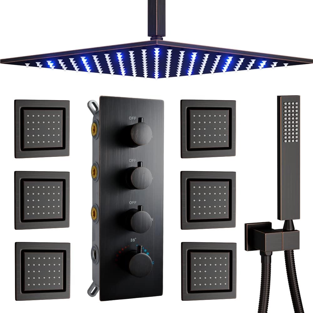 AYIVG Sistema de ducha de lluvia de bronce aceitado de 12 pulgadas con LED de montaje en el techo, con 6 chorros de ducha de cuerpo integrado,