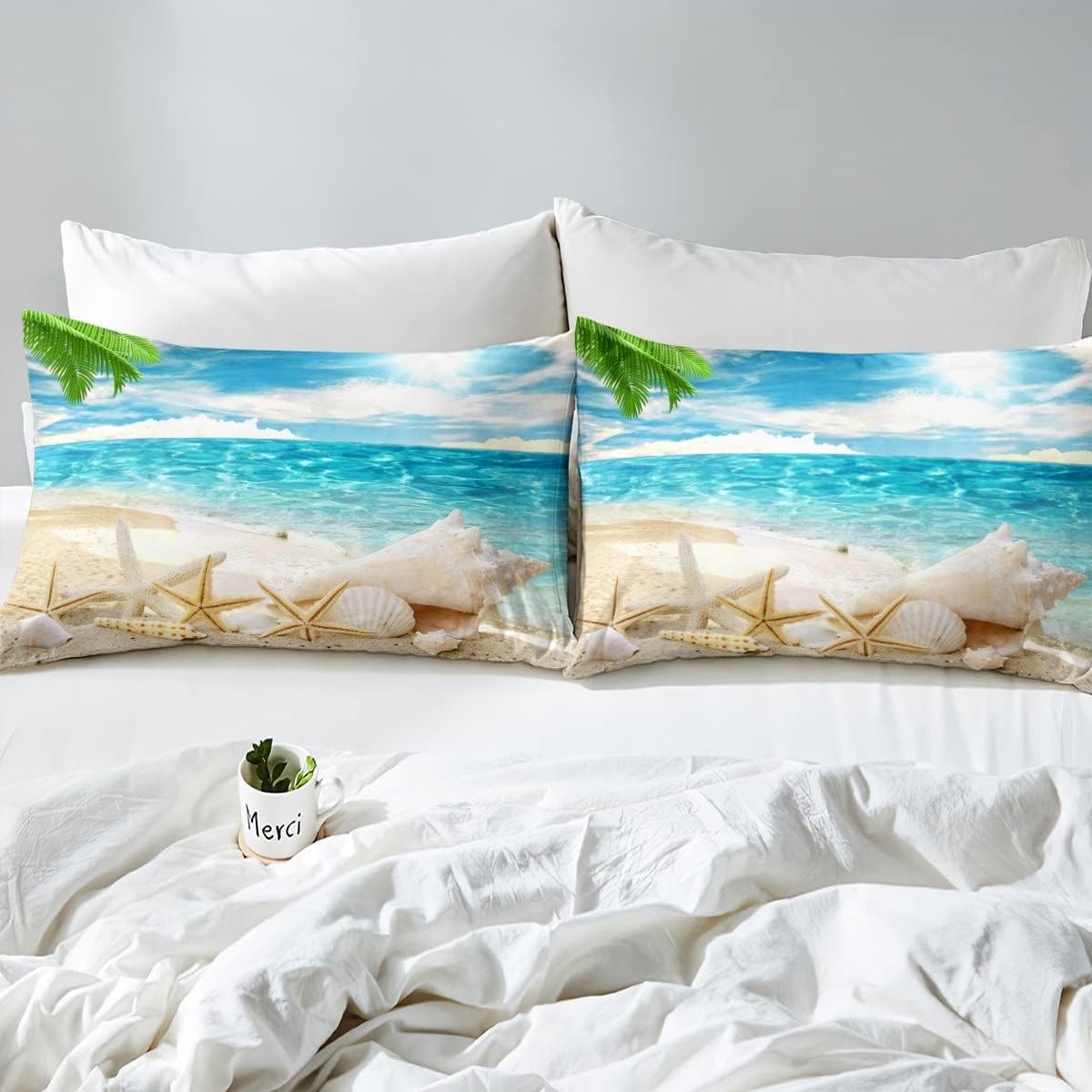 Erosebridal Juego de edredón con temática de playa, tamaño matrimonial, juego de ropa de cama con estampado de estrellas de mar y conchas marinas,