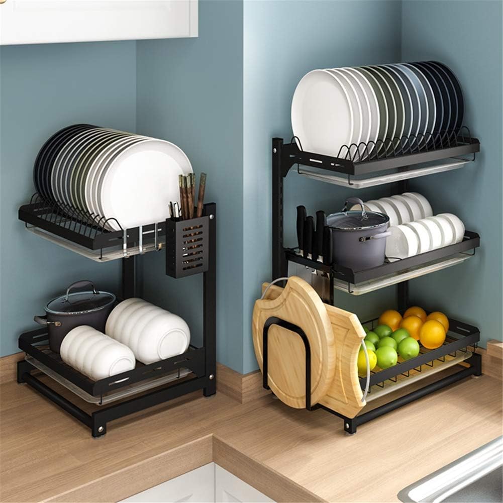 Estante de secado de platos de 3 niveles ajustable de cocina con tabla de drenaje extraíble, cromo resistente de gran capacidad, organizador de