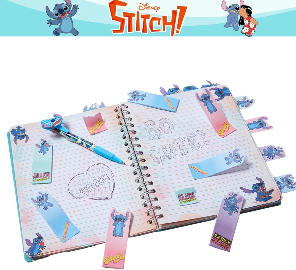 Innovative Designs Disney Stitch – Cuaderno en espiral, bolígrafo, pestañas adhesivas, 96 páginas rayadas, color azul