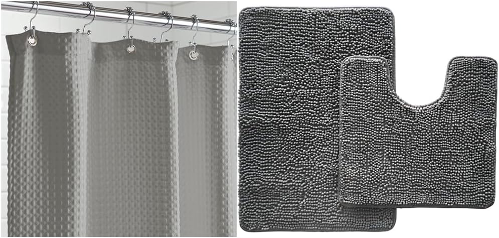 Gorilla Grip Juego de cortina de ducha y alfombra de área con gofres, tamaño 72 x 72 pulgadas, lavable, el juego de contorno incluye alfombra de