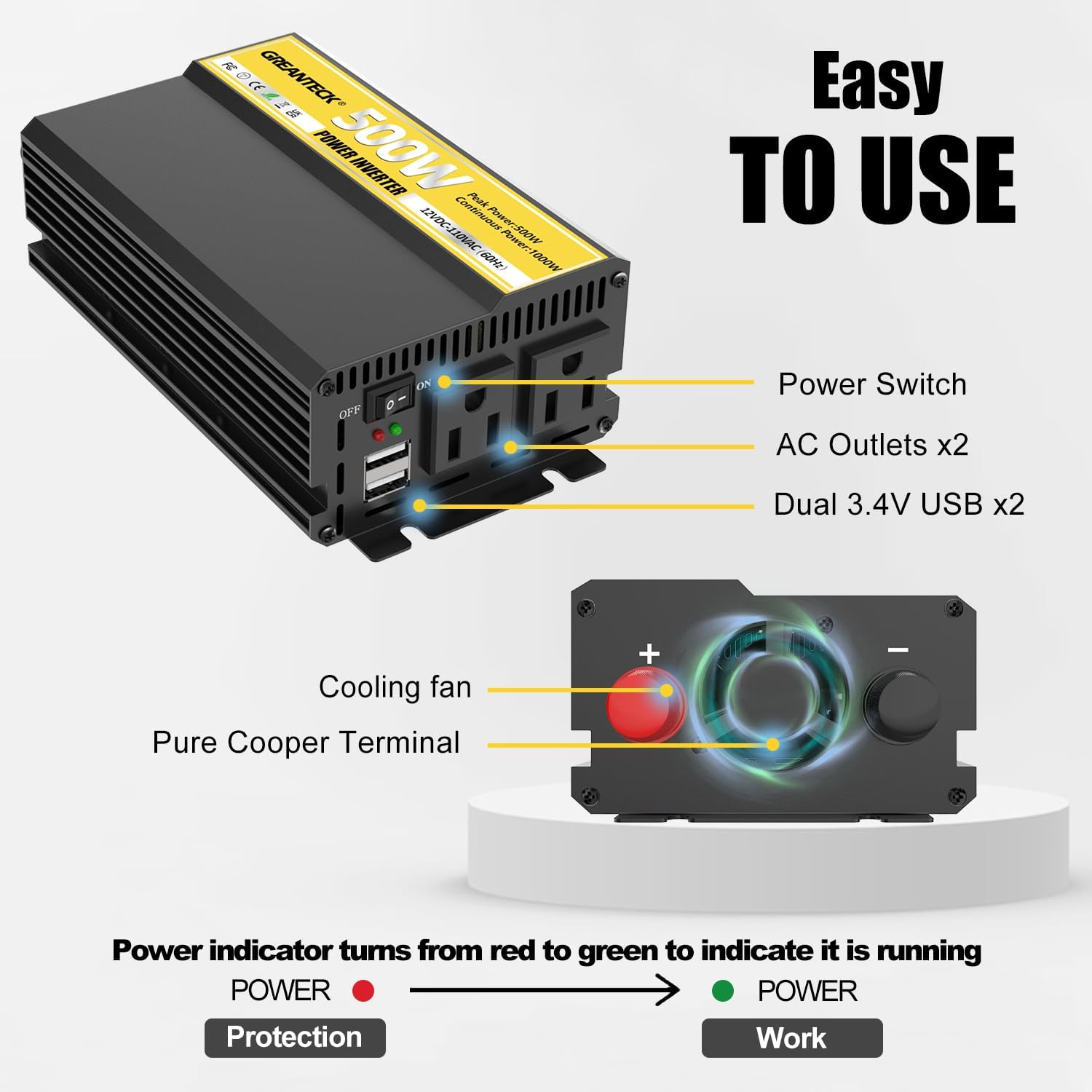 Inversor de corriente de 500 vatios, convertidor de onda sinusoidal modificada de 12 V CC a 110 V 120 V CA, inversor de onda sinusoidal modificada
