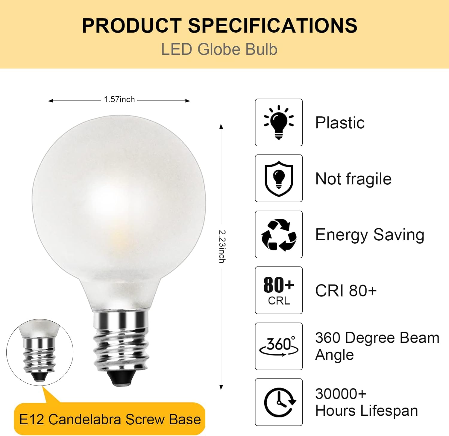Bombillas LED G40 de repuesto de color blanco esmerilado, bombillas LED E12 para candelabro, 1.5 pulgadas, para interiores y exteriores, bombillas
