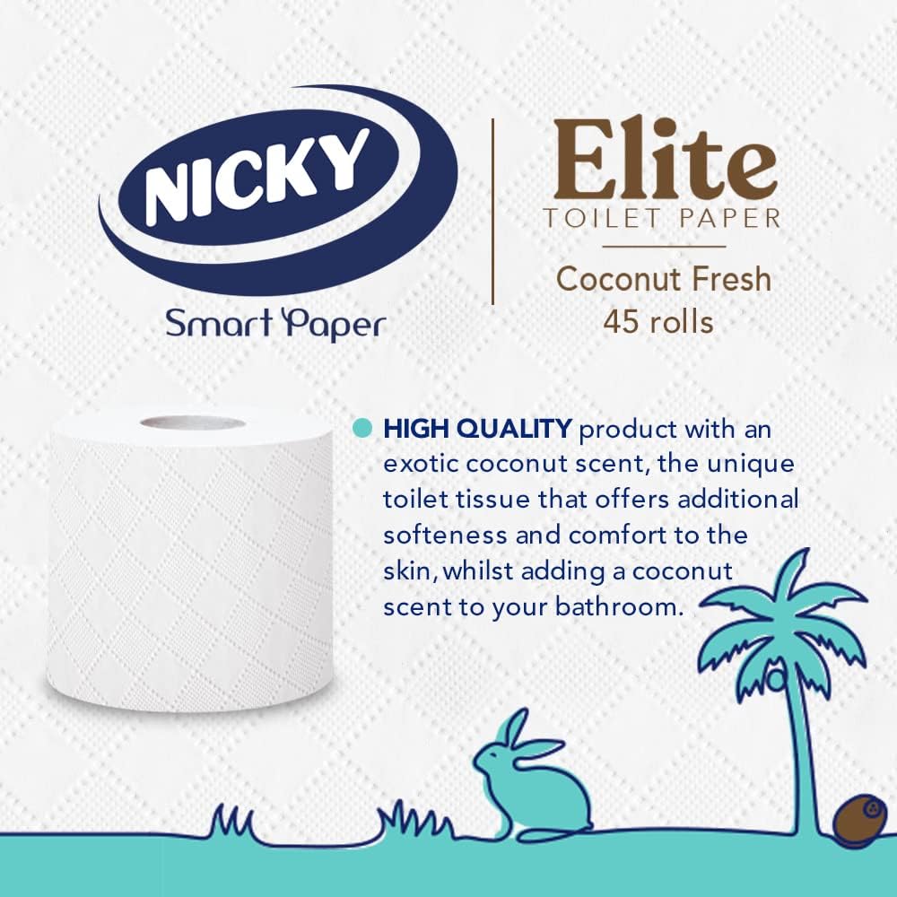 Nicky Elite Coconut Fresh – Papel higiénico con 45 rollos de papel higiénico blanco, 168 hojas por rollo, 3 capas, aroma exótico de coco, suavidad y