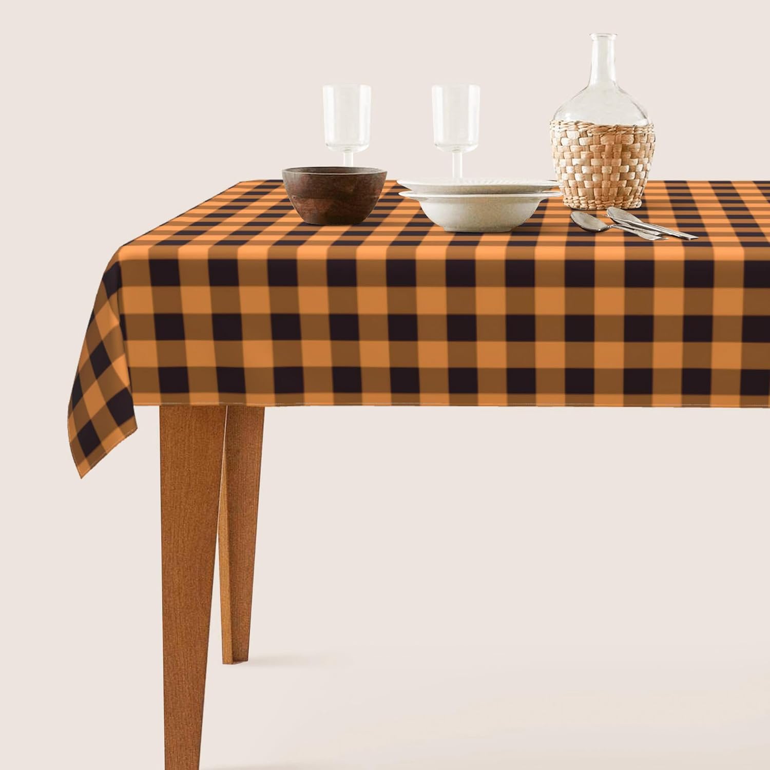 Mantel rectangular de Navidad a cuadros  60 x 84 pulgadas, oblongo naranja y negro a cuadros para Acción de Gracias, otoño e invierno, repelente al
