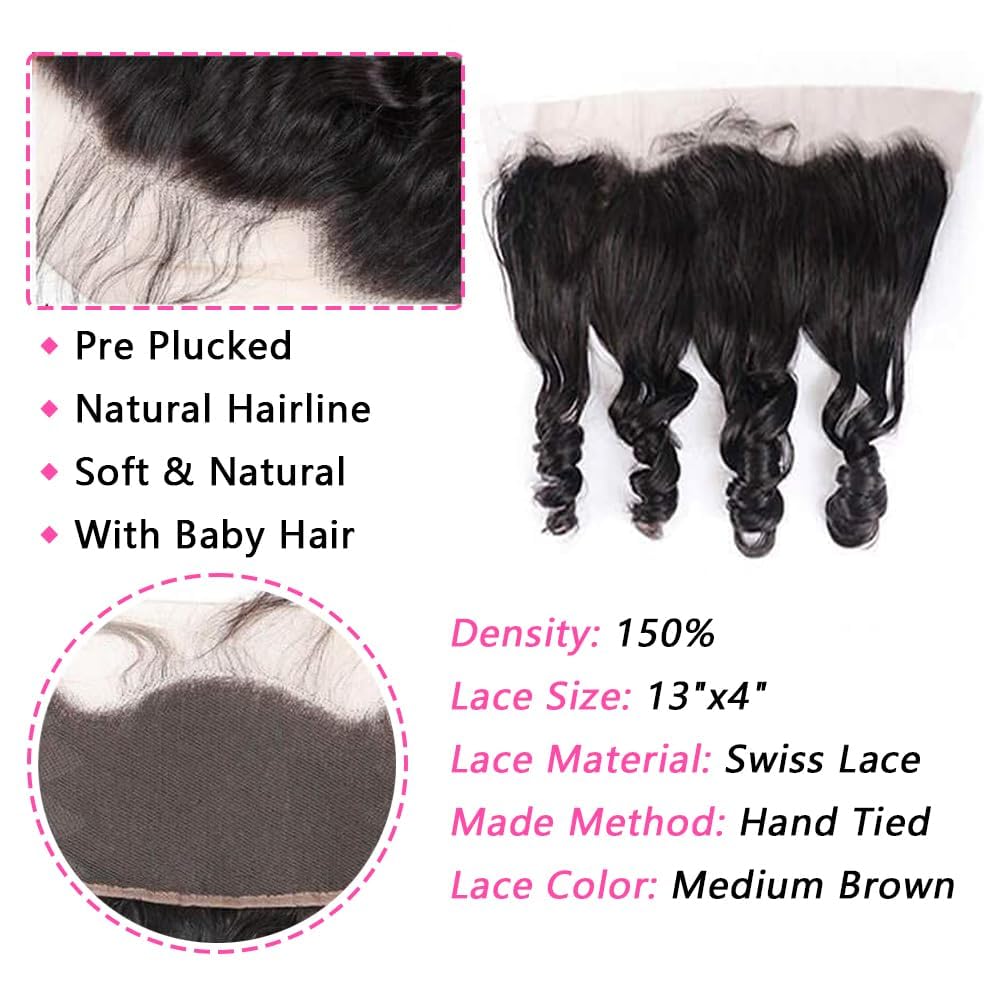 Weydlor Extensiones de cabello humano con encaje frontal de 13 x 4, 18, 20, 22+16 pulgadas, 3 paquetes con encaje frontal, 100% cabello humano,
