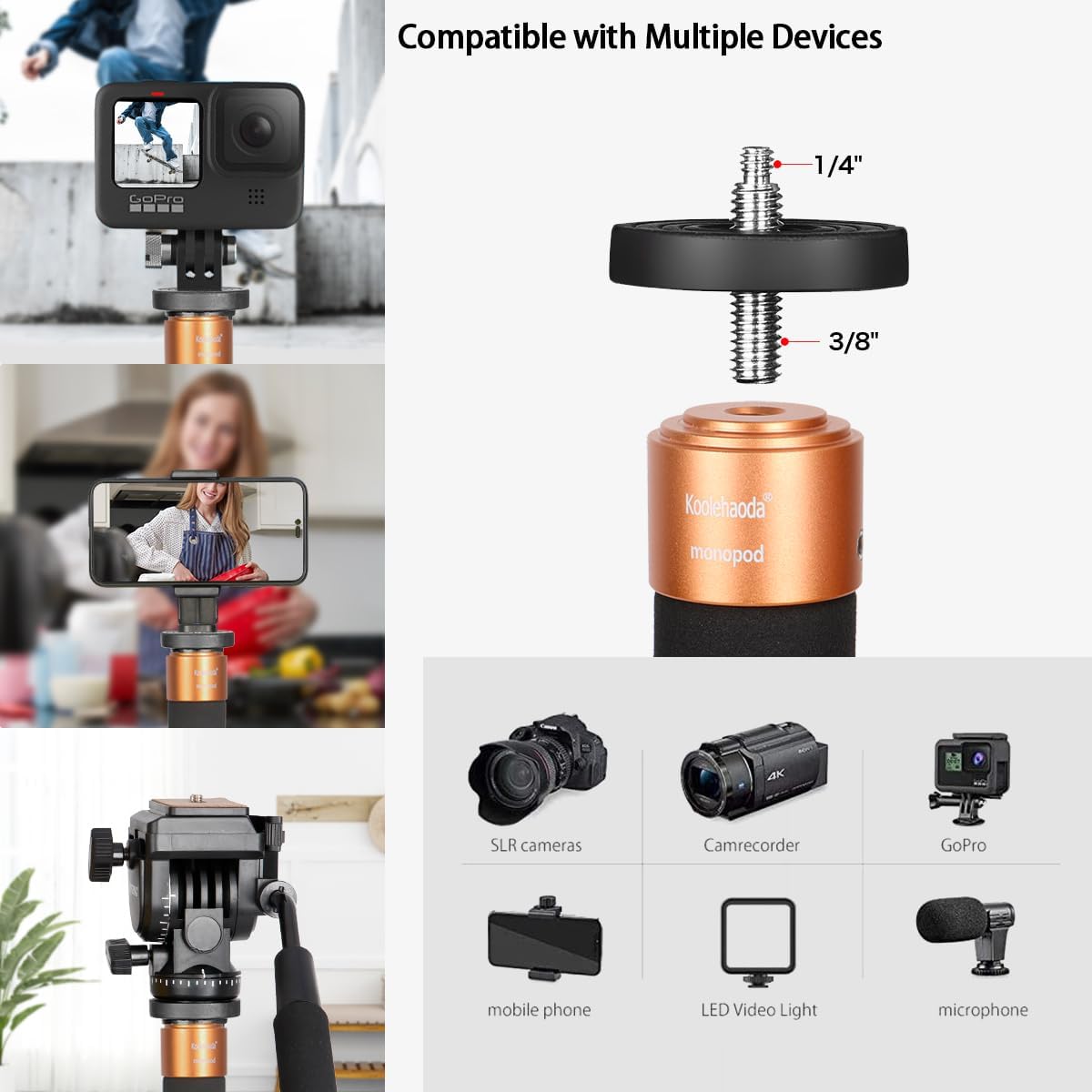 Koolehaoda Monopod de fibra de carbono de 6 secciones portátil compacto ligero monopod Unipod Stick para cámaras Canon, Nikon y Sony sin espejo y