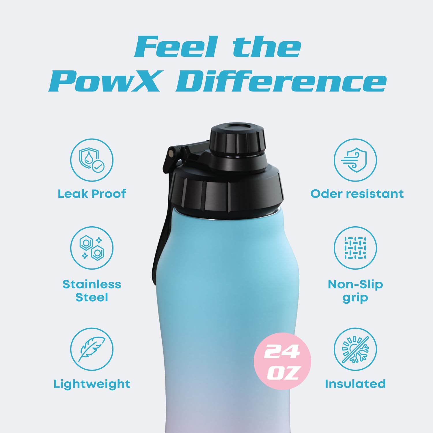 PowX Botella de agua de acero inoxidable con popote  24 onzas  Botella de agua deportiva aislada para bebidas calientes y frías  Tapa de boquilla y