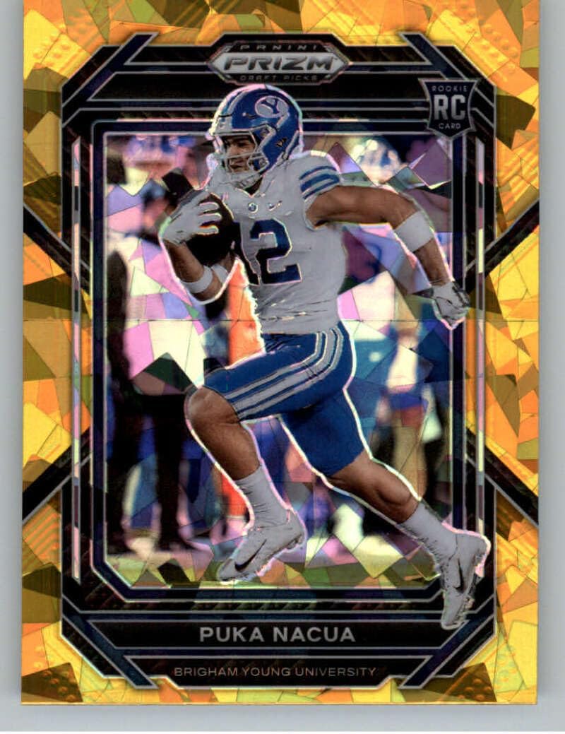 2023 Panini Prizm Draft Picks Prizms Gold Ice #197 Puka Nacua BYU Cougars Official NCAA Football Card in Raw (NM or Better) Condition