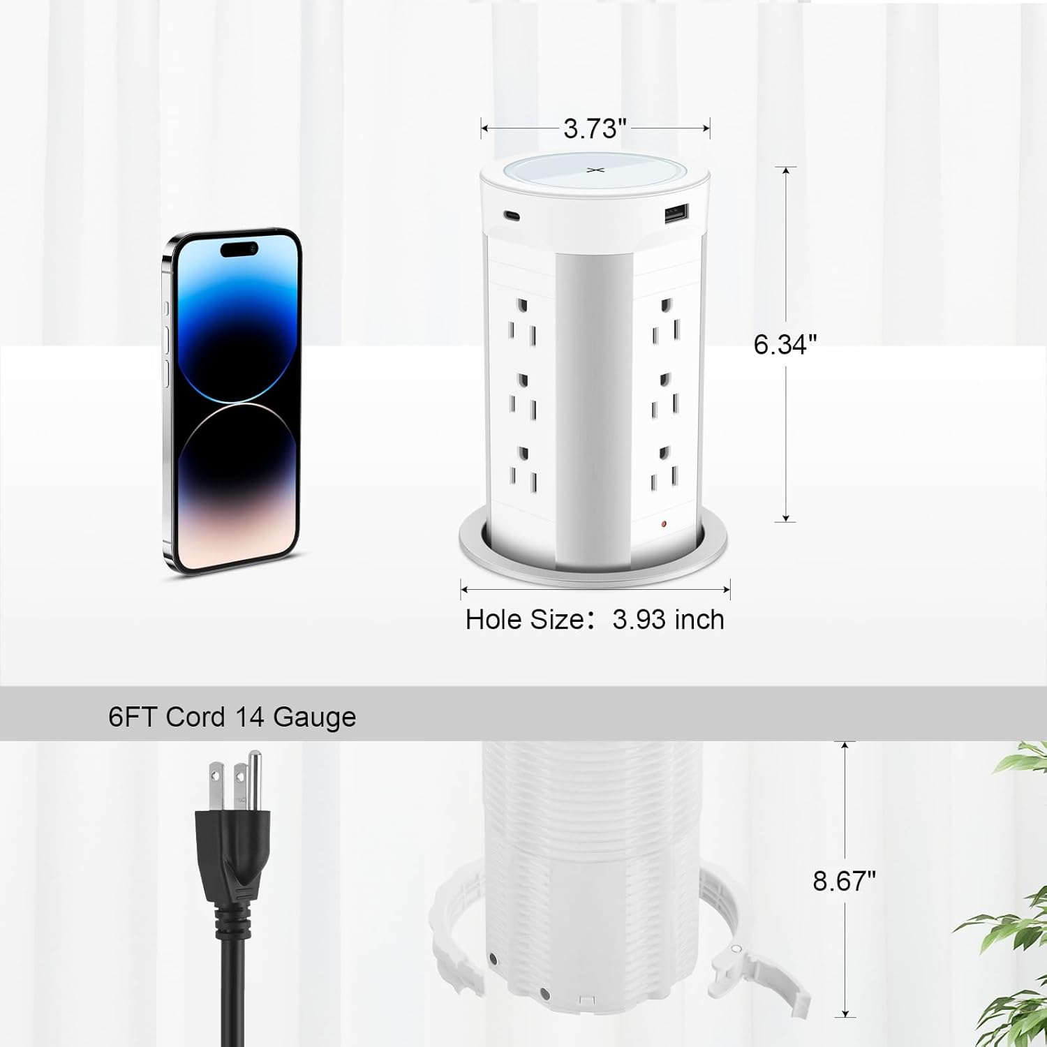 HEZI Toma de corriente desplegable para encimera con cargador inalámbrico de 15 W, entrega máxima de energía de 45 W, 12 CA, 2 USB-A y 2 USB-C,