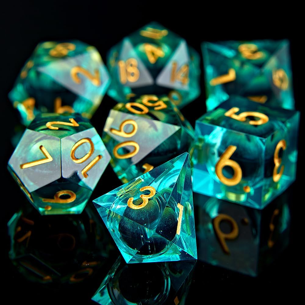 Dragon Eye – Juego de 7 dados para DND, núcleo líquido, juego de dados D&D para juegos TRPG de Calabozos y Dragones, dados giratorios de ojo de