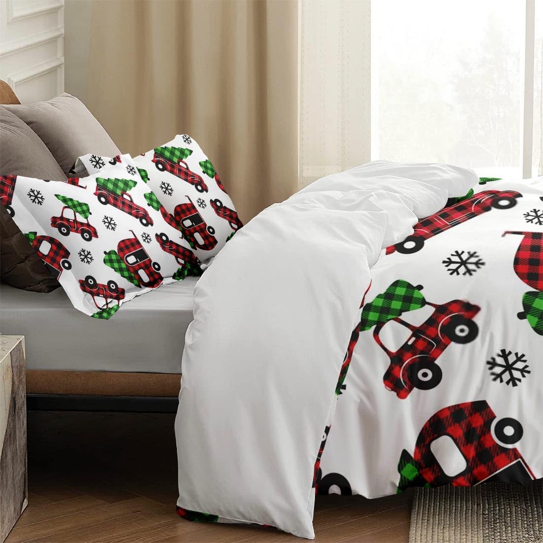 Funda de edredón tamaño Queen, juego de ropa de cama de Navidad a cuadros de búfalo rojo con cierre de cremallera para niños y adultos, funda de