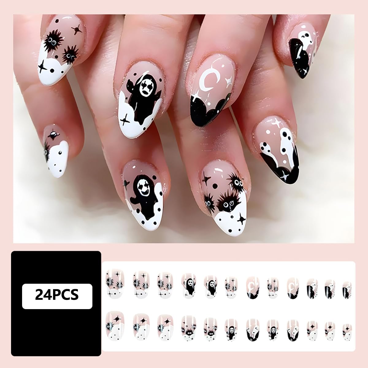 Uñas postizas a presión de Halloween, 24 unidades, uñas postizas cortas de almendra, uñas con pegamento para mujeres, niñas, adolescentes con