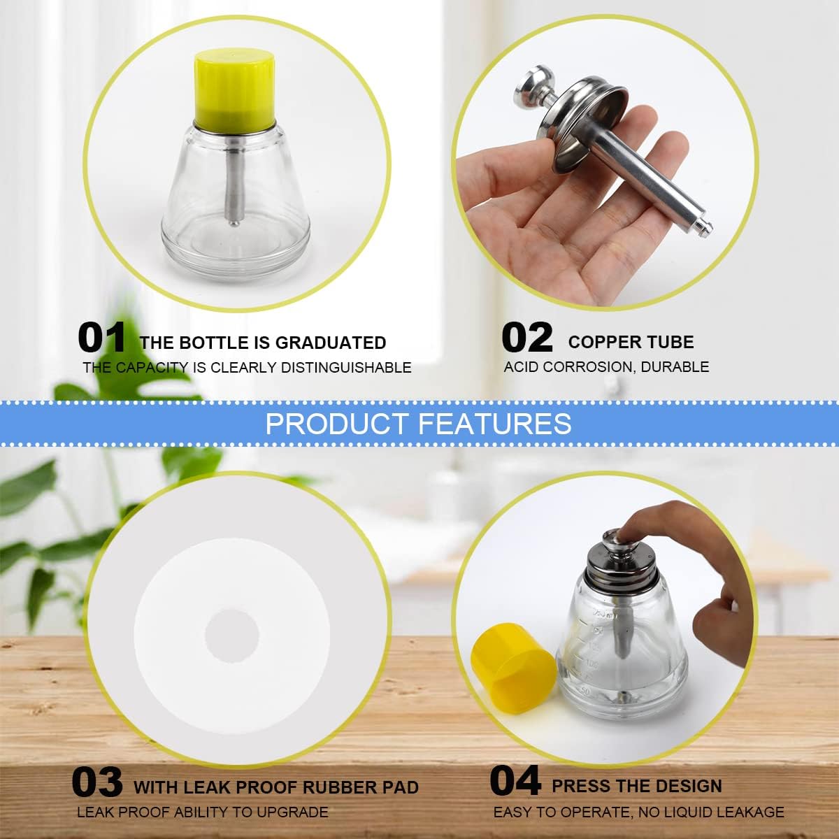 Botella de vidrio transparente de 6.1 fl oz, dispensador profesional de bomba de vidrio transparente con escalas de medición, para removedor de