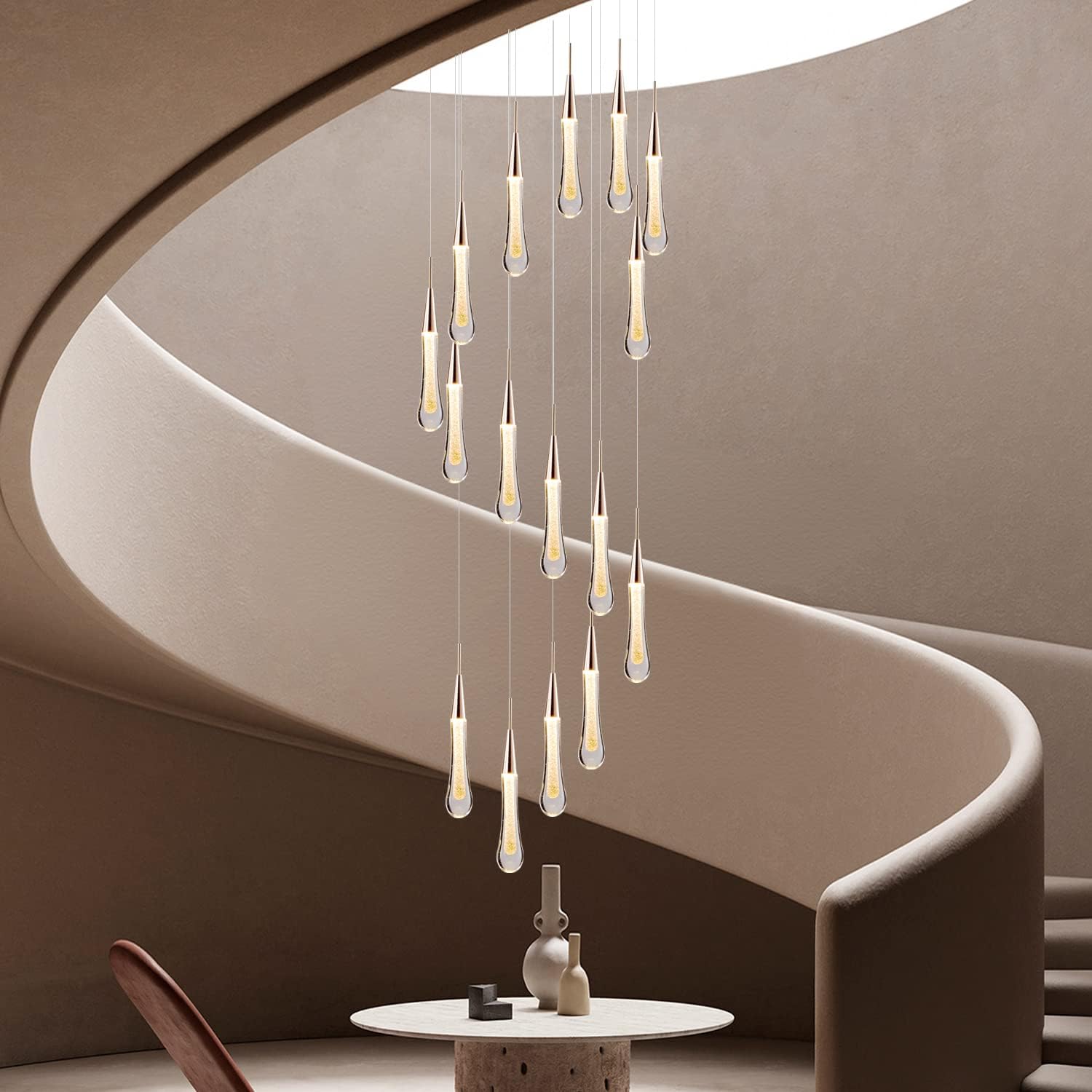 16-Light Gold Staircase Chandelier, Adjustable 128″ High Ceilings Light Fixture Crystal Raindrop Glass Large Long LED Chandeliers for Entryway