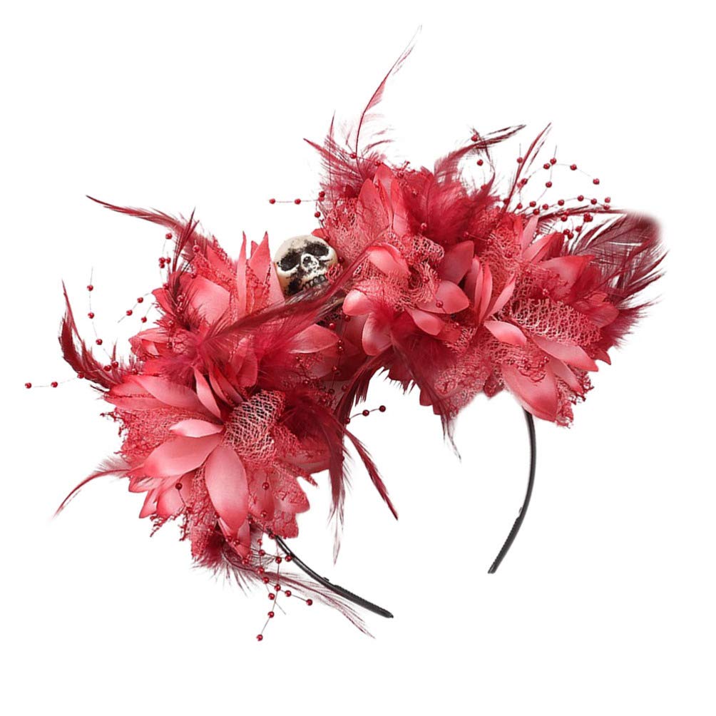 Lurrose Diademas para disfraz de Halloween, diseño de calavera y plumas de flores, corona de flores mexicanas, Dia de Los Muertos, diadema de rosas