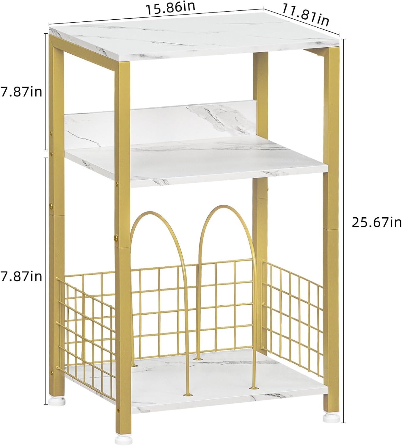 Mesa auxiliar, mesita de noche de mármol blanco con marco de metal dorado, soporte de madera industrial de 3 niveles con estante de almacenamiento