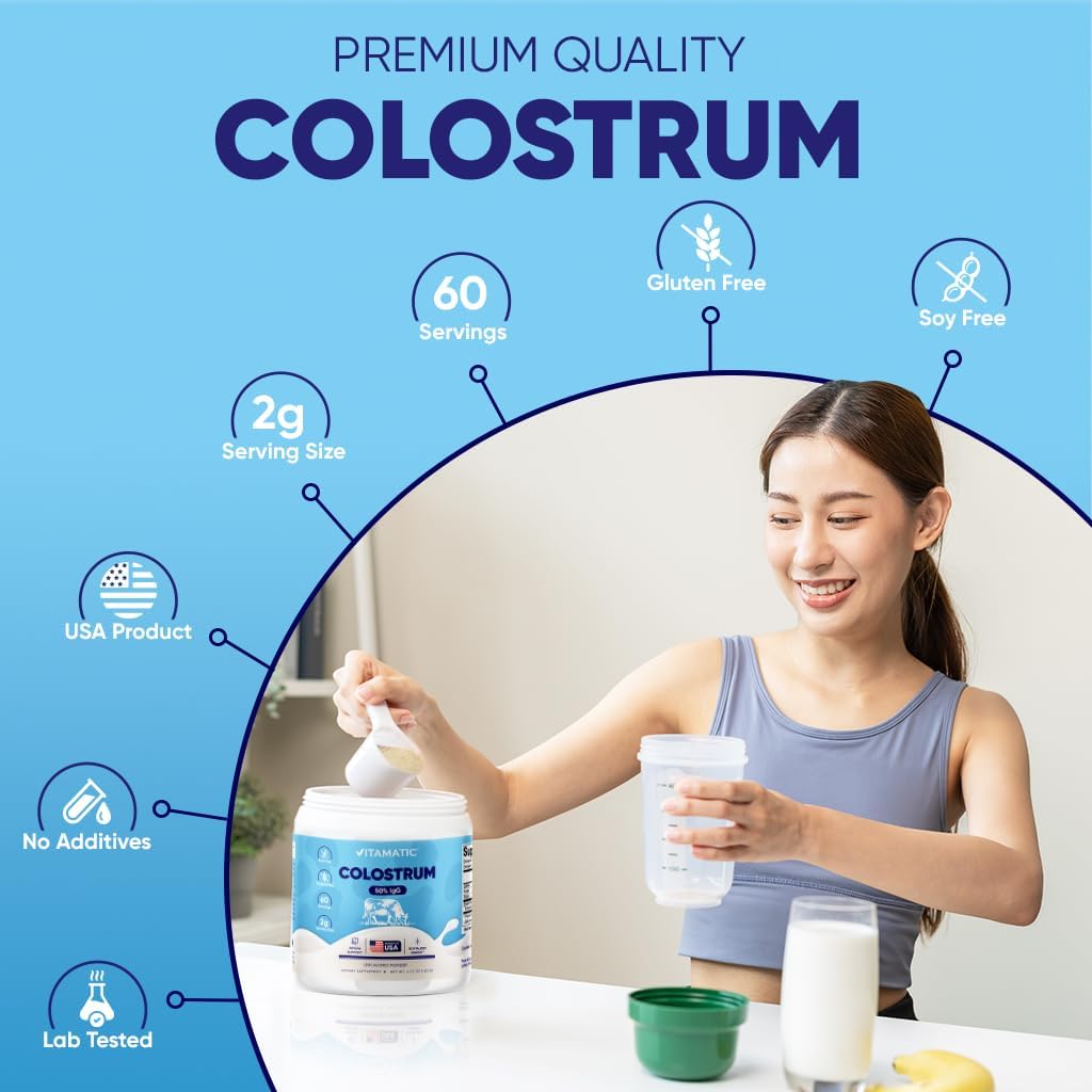 Vitamatic Polvo de calostro bovino  50% más alto de IgG  Suplemento para la salud intestinal, crecimiento del cabello, belleza, recuperación