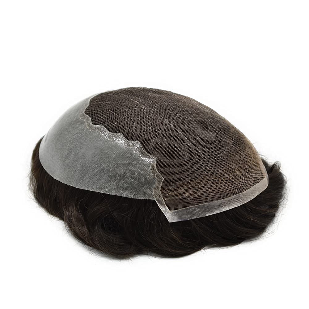 Peluca de encaje francés para hombre con piel de poliéster en el lateral, unidad de cabello transpirable para hombres, nudos blanqueados, protesis