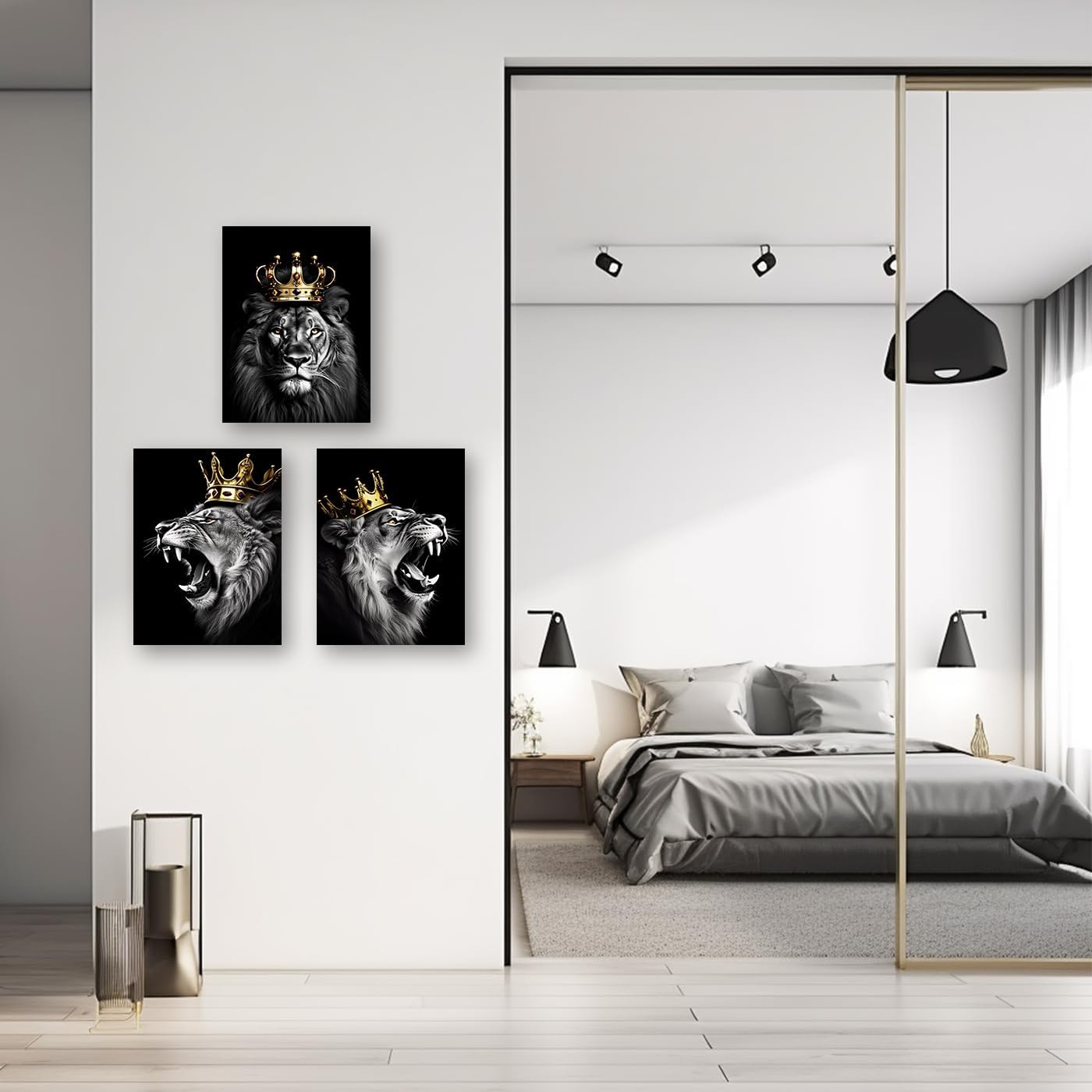 DOARTDO Cuadro de león para decoración de pared, 3 paneles, lienzo de animales en blanco y negro, arte de pared, arte de león con corona, marco