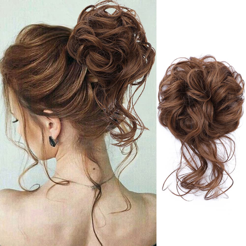 KETHBE Moño desordenado, extensión de moño despeinado, extensión de moños, banda elástica para el cabello, moño rizado para mujeres (marrón castaño)
