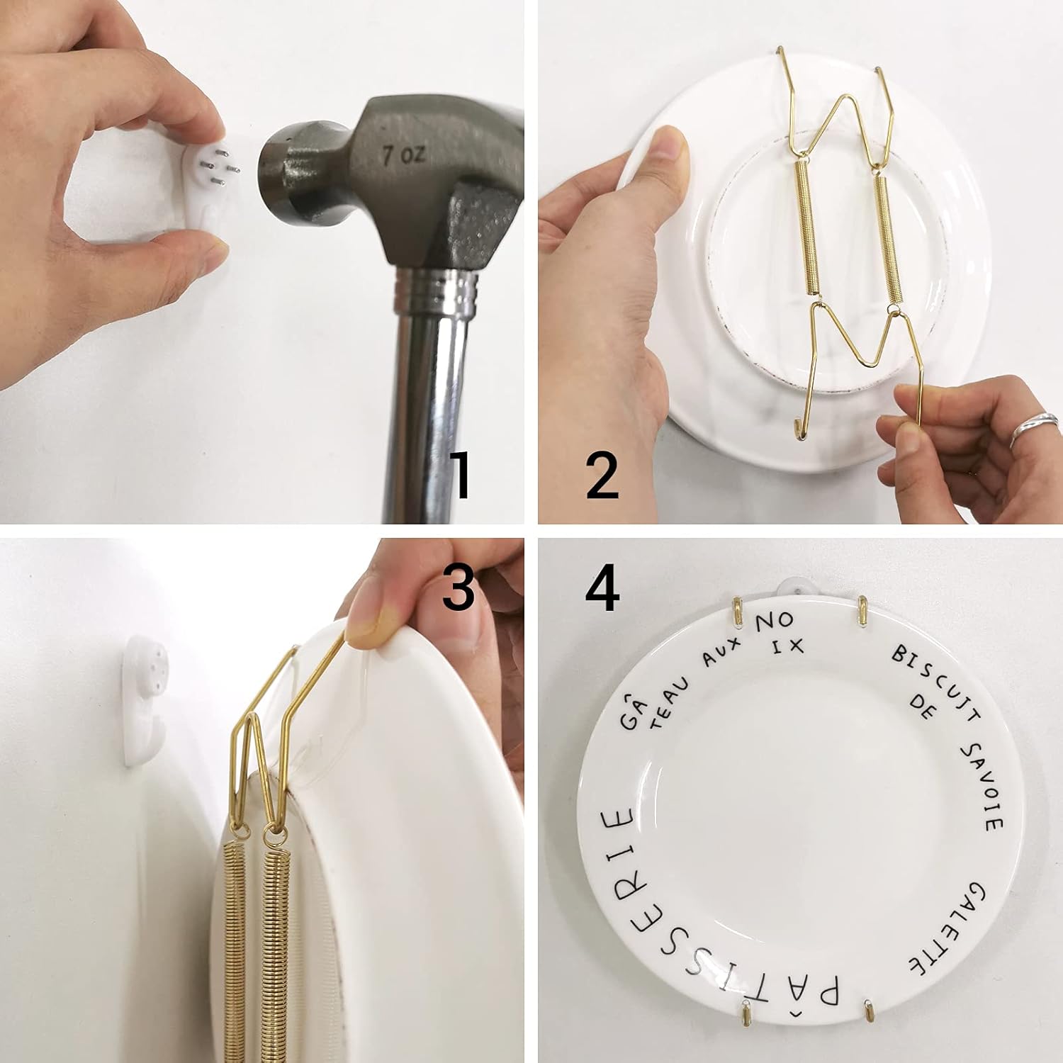 Daily Treasures 10 ganchos para platos, ganchos de pared de 6 pulgadas con 40 protectores de punta, 10 ganchos de pared y 4 soportes de caballete de