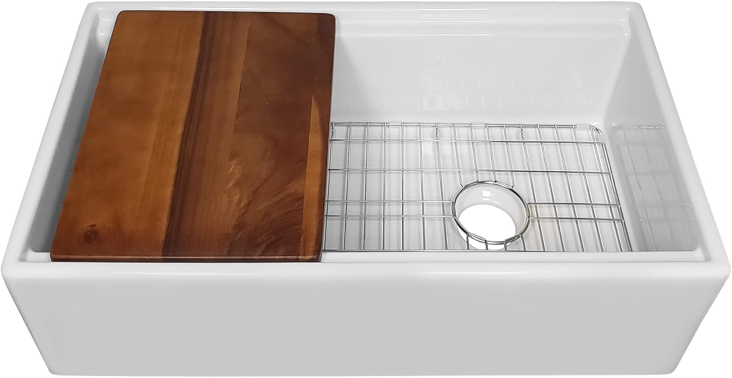 Whitehaus Collection Juego de fregadero reversible de arcilla refractaria de 30 pulgadas con un delantal frontal liso, tabla de cortar de madera de