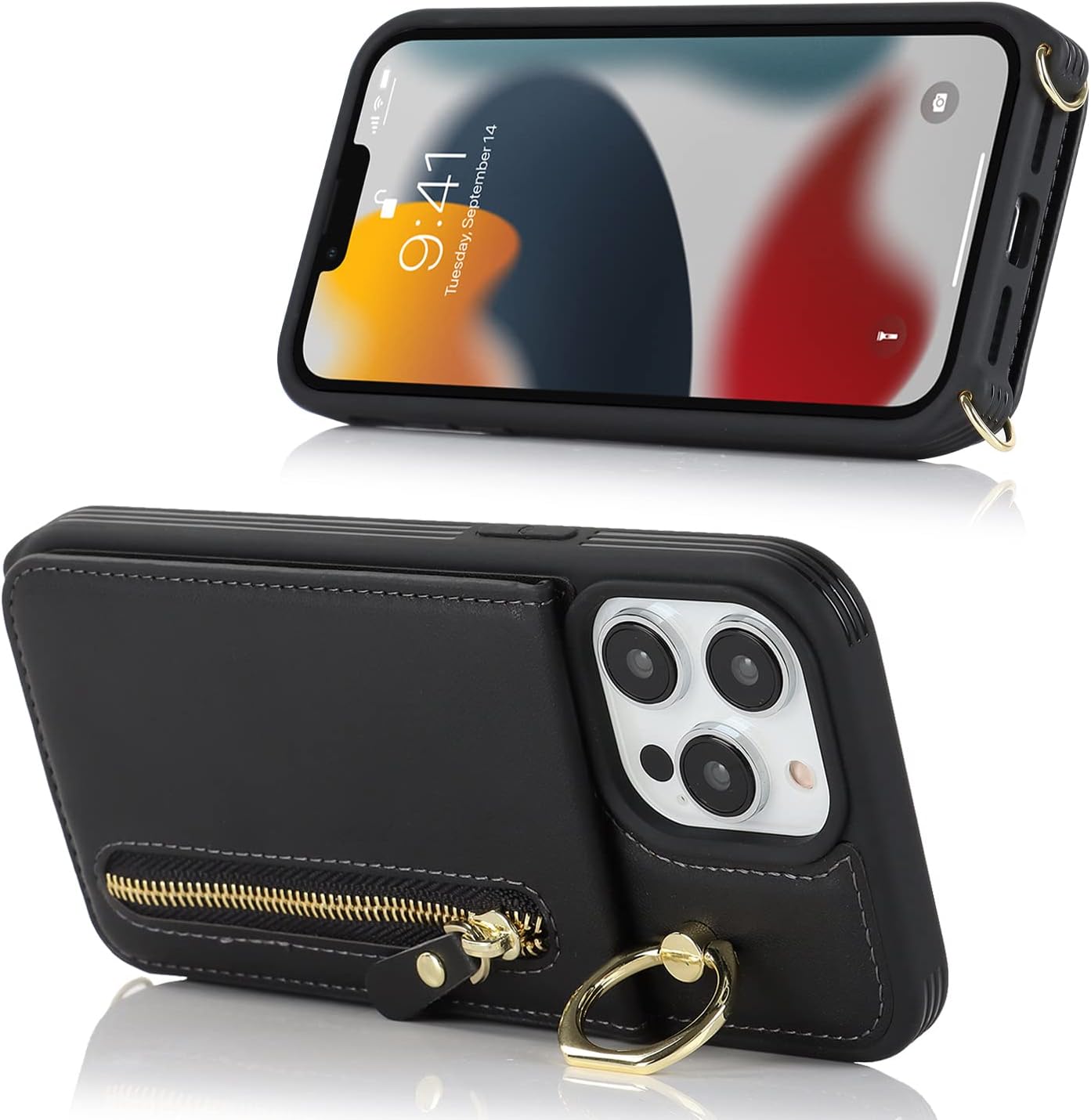 Funda para iPhone 13 Pro Max con correa, iPhone 13 Pro Max con tarjetero y ranuras para tarjetas de crédito Crossbody con función atril y cremallera