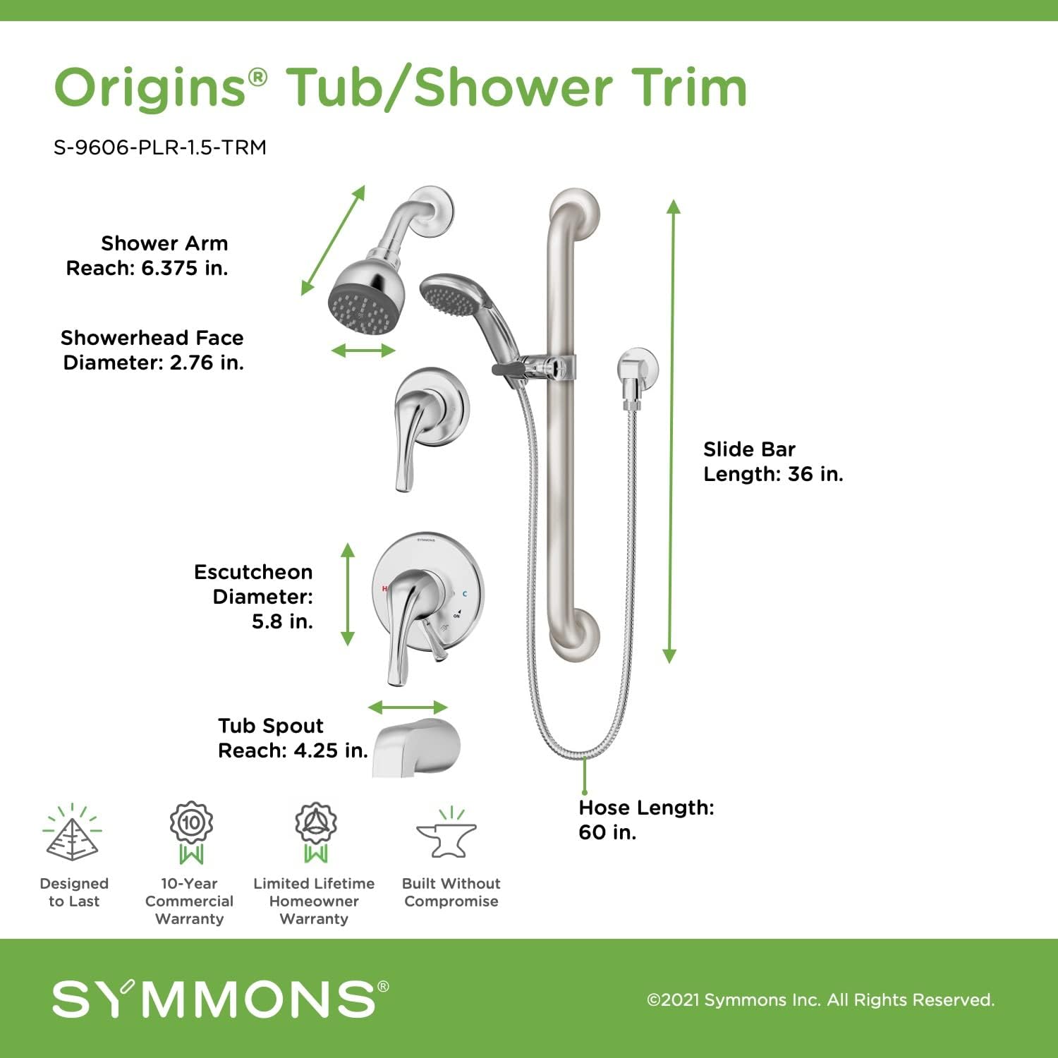 Symmons S-9606-PLR-1.5-TRM Origins – Bañera de 2 manijas y 1 regadera con 1 rociador de ducha de mano en cromo pulido (válvulas no incluidas)