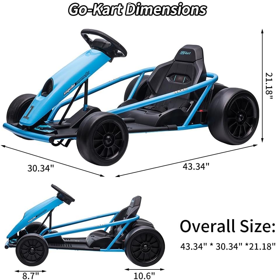 Go Kart de 24 V para niños de 8 a 12 años, 300 W x 2 motores extra potentes, batería grande de 9 Ah de 8 MPH de alta velocidad con música, bocina,