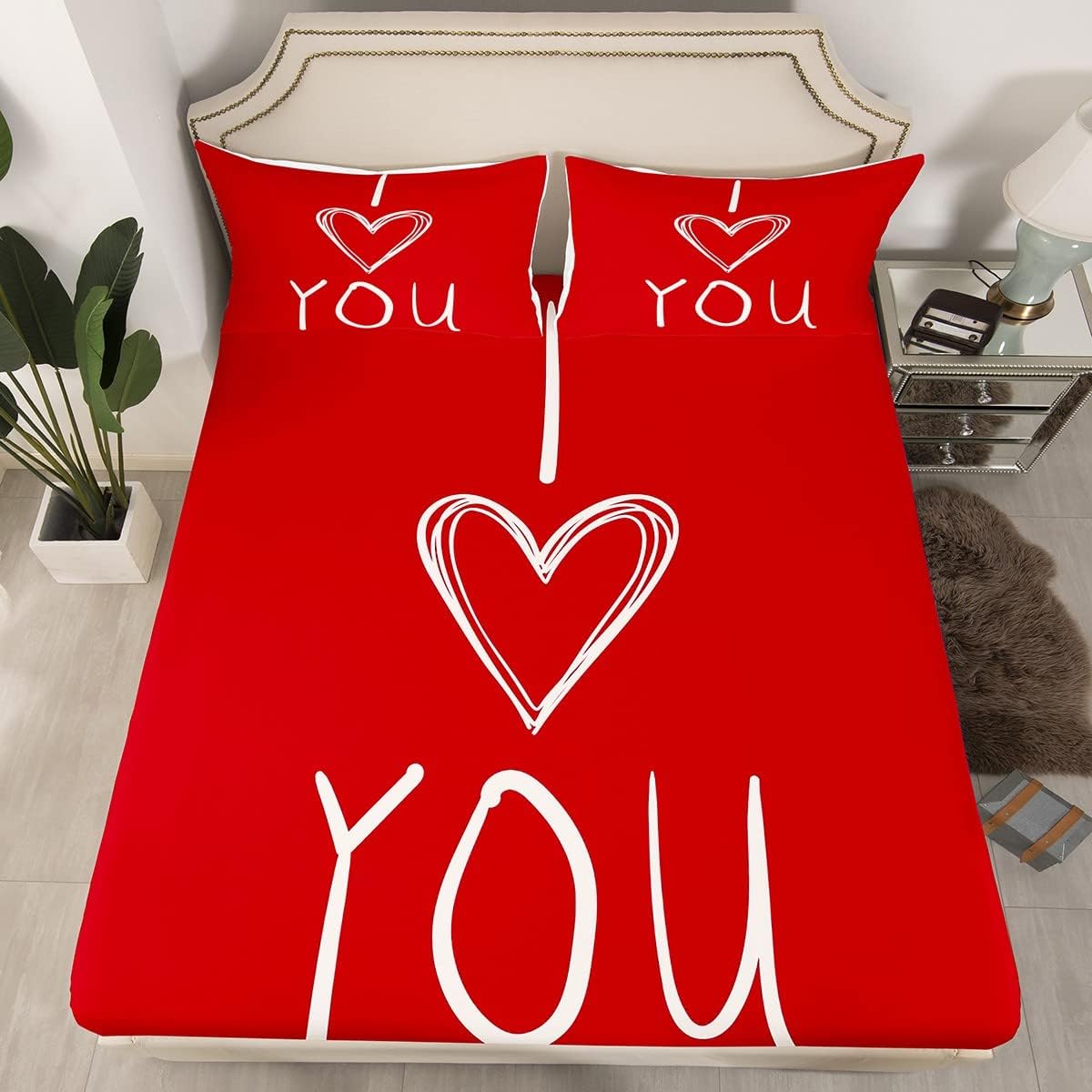 Juego de sábanas de San Valentín para parejas, color rojo y blanco, para niños, niñas, adolescentes, con texto en inglés “I Love You”, juego de ropa
