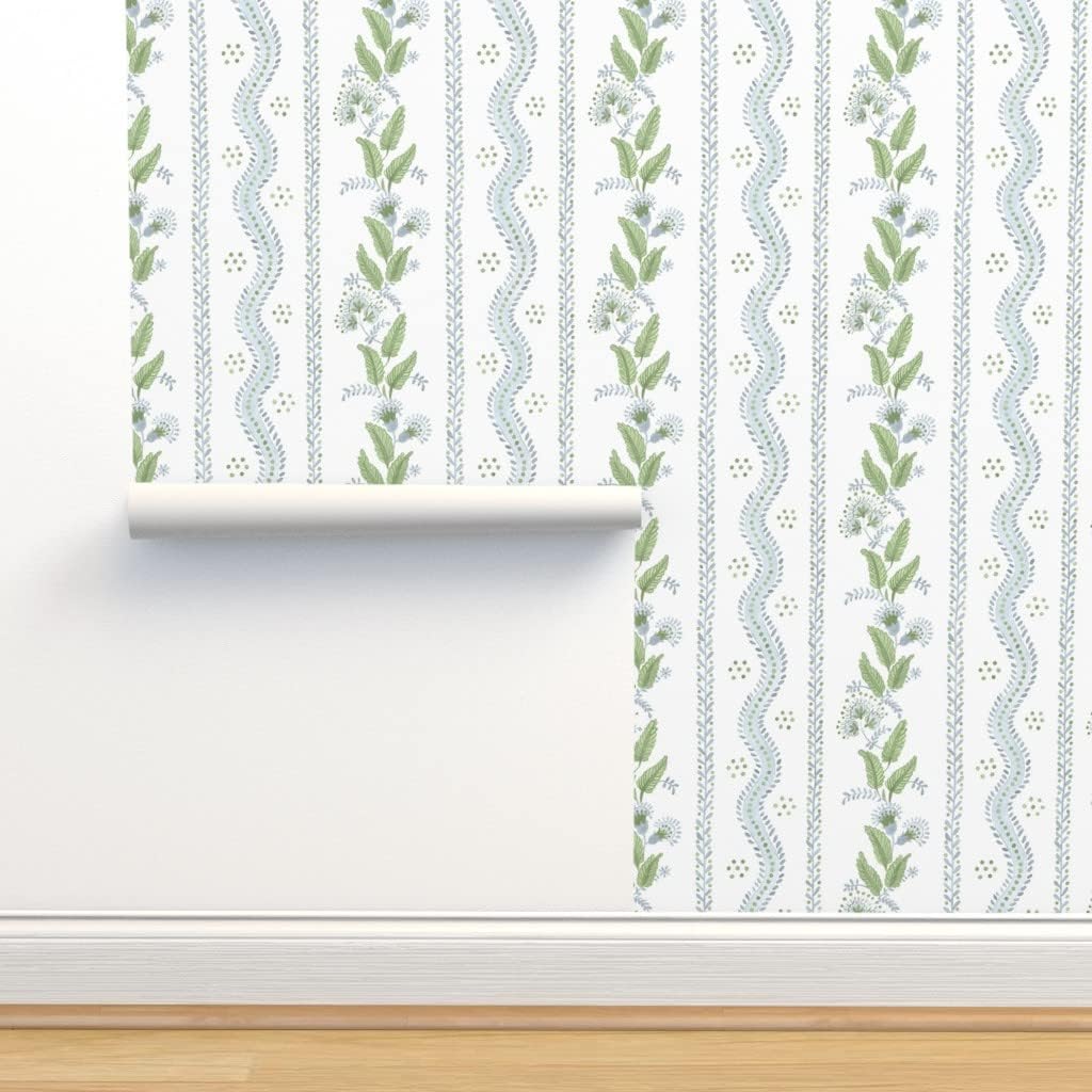 Spoonflower Papel tapiz autoadhesivo de 9 x 2 pies, papel tapiz extraíble tradicional con rayas blancas y verdes azules y verdes