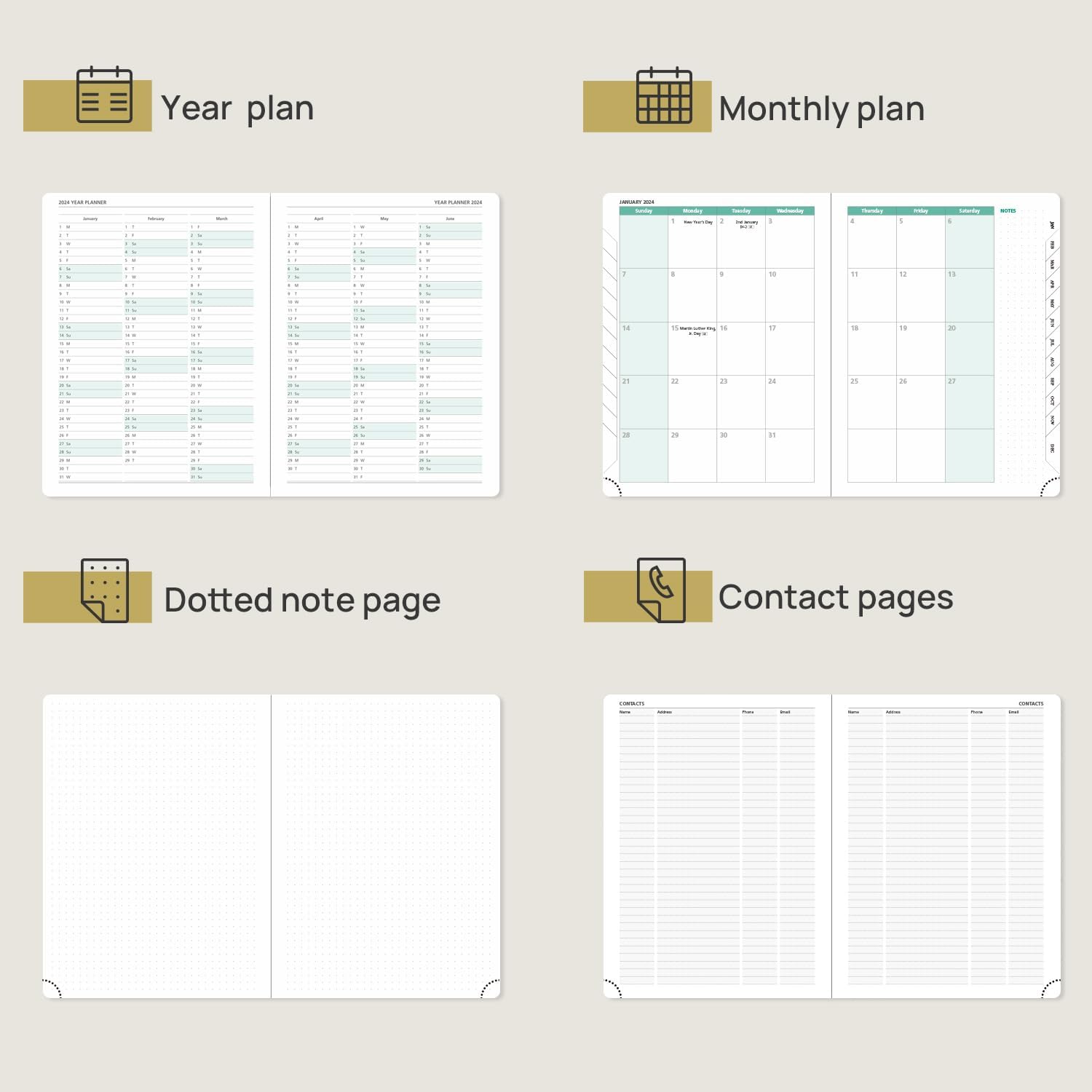 POPRUN Agenda semanal 2024 (6.5 x 8.5 pulgadas), calendario vertical diario, semanal y mensual con pestañas mensuales y ranuras horarias, tapa dura