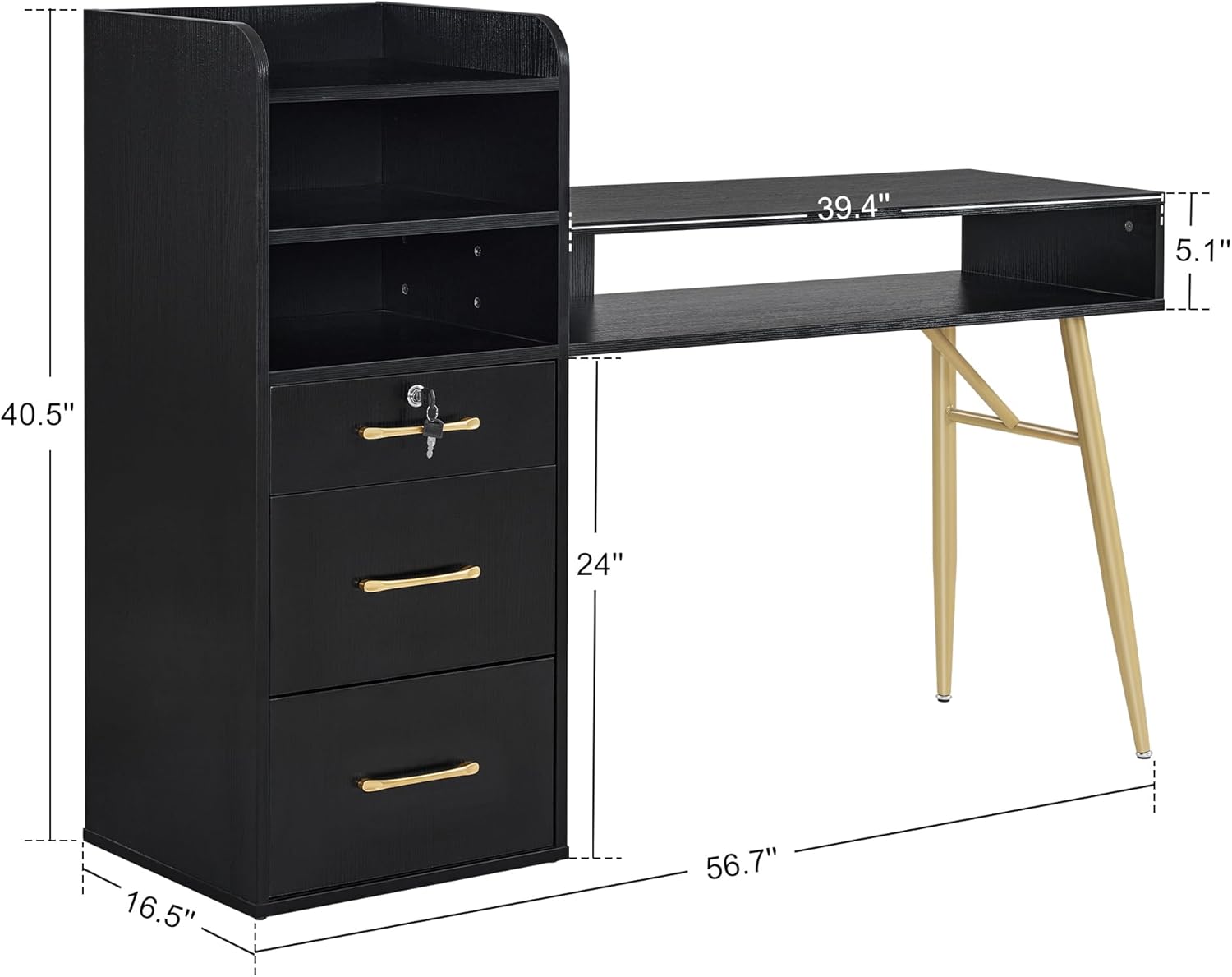 BarberPub Mesa de manicura con 3 cajones y 4 estantes, escritorio de uñas con asas y patas doradas, mesa de uñas para tecnología de uñas, equipo de