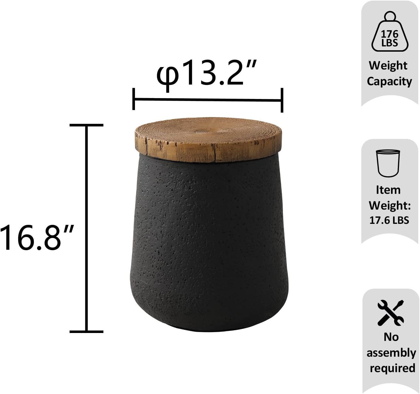 HOMPUS Mesa auxiliar de hormigón para exteriores, mesa auxiliar negra para patio, mesa auxiliar pequeña para exteriores con parte superior de grano