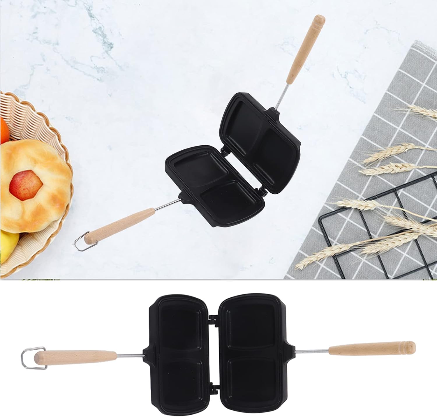 Sandwichera de 14.2 x 7.9 pulgadas, sartén antiadherente de aleación de aluminio integrada, cuerpo aerodinámico, doble cabeza, sartén desmontable