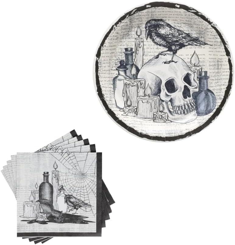 Juego de platos y servilletas de papel de Halloween, diseño vintage de calavera, cuervo, araña y botella, suministros de fiesta para adultos