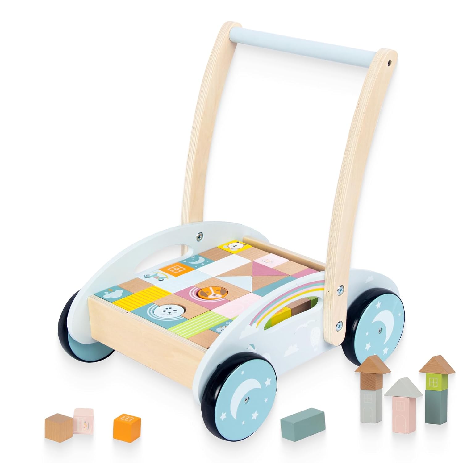 Andador de madera para bebés de 1 año en adelante, juguetes de aprendizaje para bebés con 34 bloques de construcción, regalos de cumpleaños de