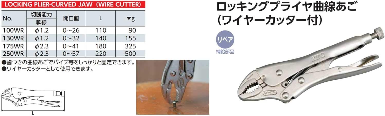 KYOTO TOOL (KTC), alicates de bloqueo curvados (con cortador de alambre) 130WR